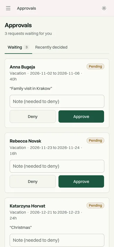 Approvals on a phone: each request with approve and deny buttons