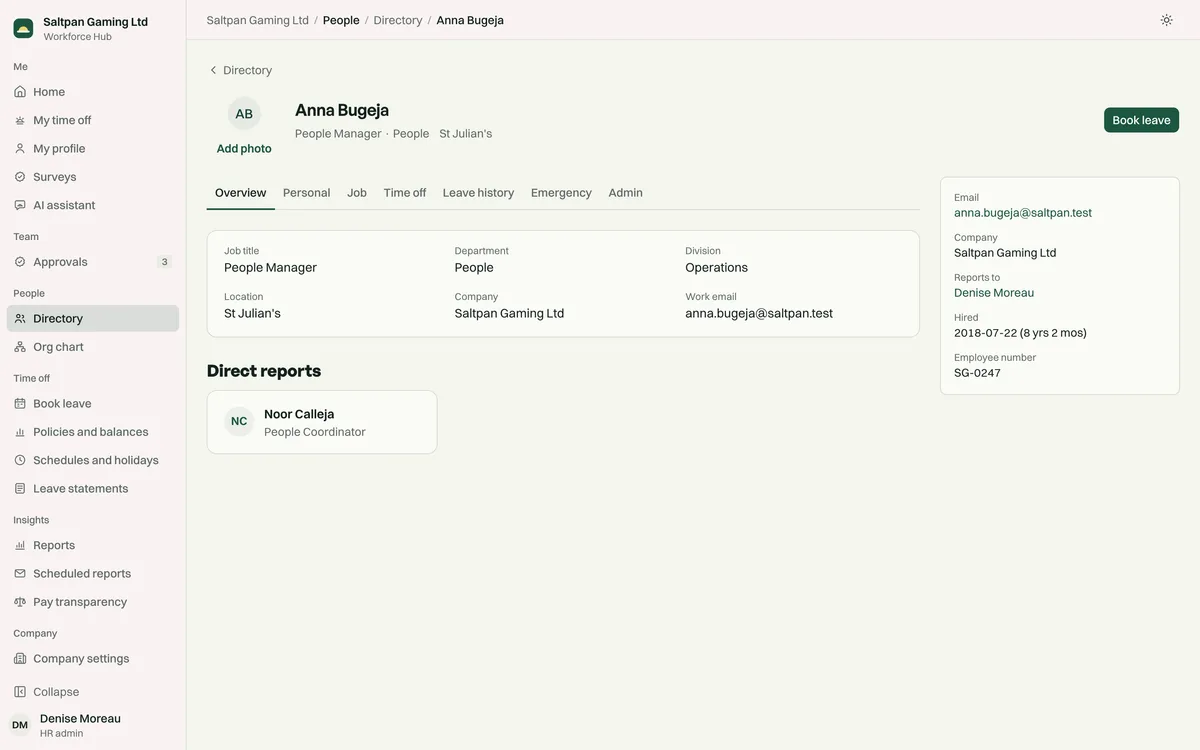 An employee profile with job, department, manager, hire date and direct reports