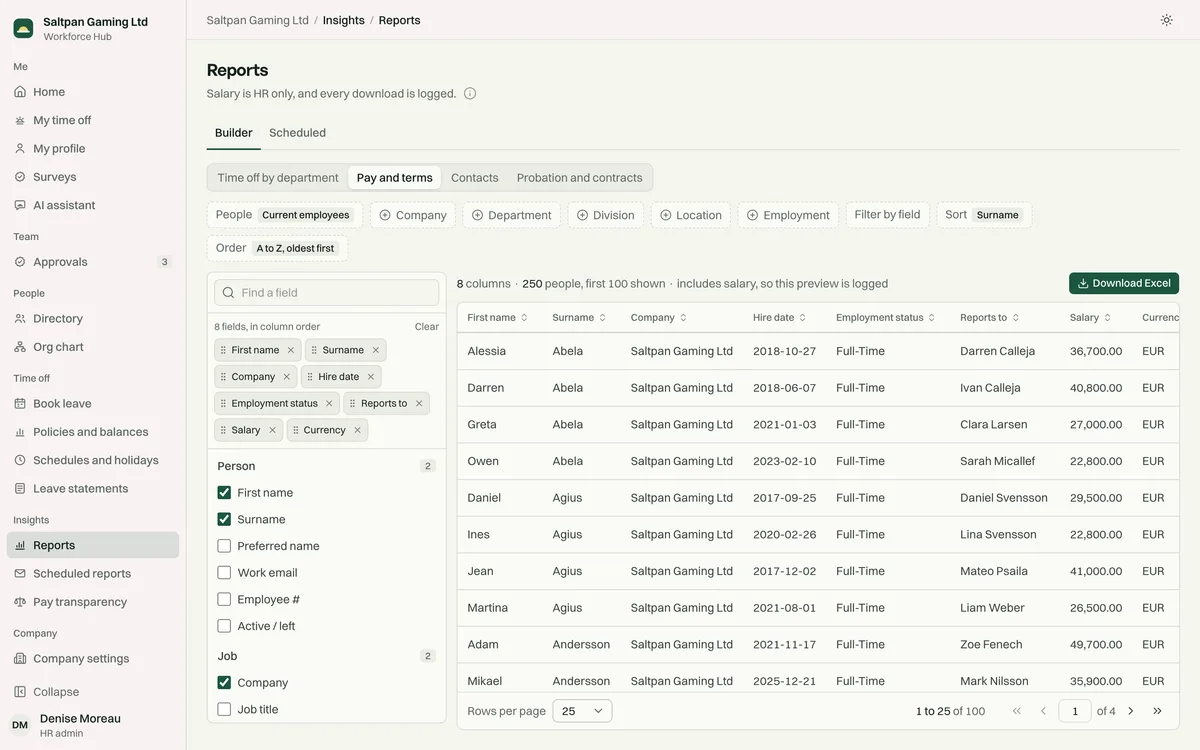 The report builder: preset reports, and columns grouped by person, job, employment, time off and pay